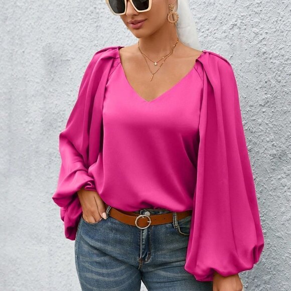 Pink Casual Womens Lantern Sleeve Solid Blouse - Picture 4 of 7